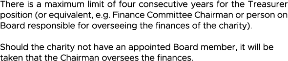 There is a maximum limit of four consecutive years for the Treasurer position (or equivalent, e g  Finance Committee    