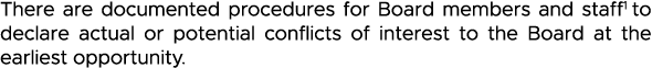There are documented procedures for Board members and staff1 to declare actual or potential conflicts of interest to    