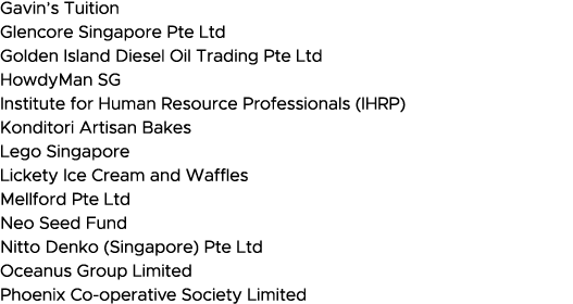 Gavin s Tuition Glencore Singapore Pte Ltd Golden Island Diesel Oil Trading Pte Ltd HowdyMan SG Institute for Human R   