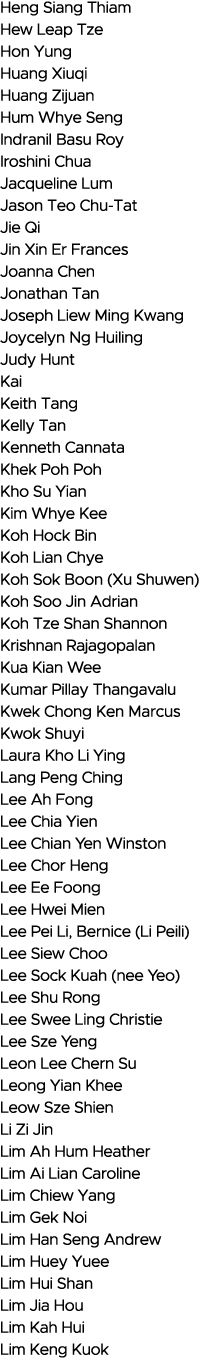Heng Siang Thiam Hew Leap Tze Hon Yung Huang Xiuqi Huang Zijuan Hum Whye Seng Indranil Basu Roy Iroshini Chua Jacquel   