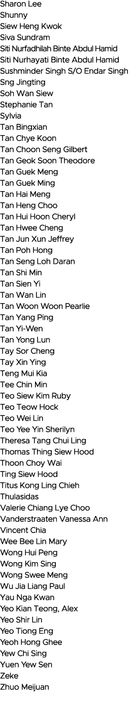 Sharon Lee Shunny Siew Heng Kwok Siva Sundram Siti Nurfadhilah Binte Abdul Hamid Siti Nurhayati Binte Abdul Hamid Sus   