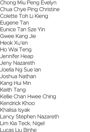 Chong Miu Peng Evelyn Chua Chye Ping Christine Colette Toh Li Kieng Eugene Tan Eunice Tan Sze Yin Gwee Kang Jie Heok    