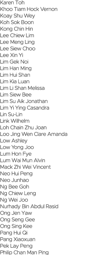 Karen Toh Khoo Tiam Hock Vernon Koay Shu Wey Koh Sok Boon Kong Chin Hin Lee Chiew Lim Lee Meng Ling Lee Siew Choo Lee   