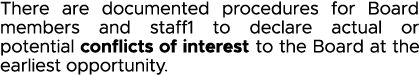 There are documented procedures for Board members and staff1 to declare actual or potential conflicts of interest to    