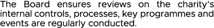 The Board ensures reviews on the charity s internal controls, processes, key programmes and events are regularly cond   