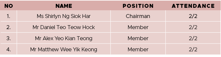NO,NAME,POSITION,ATTENDANCE,1 ,Ms Shirlyn Ng Siok Har,Chairman,2 2,2 ,Mr Daniel Teo Teow Hock,Member,2 2,3 ,Mr Alex Y   
