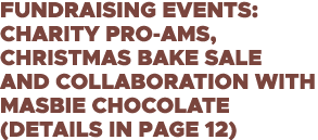 Fundraising events: Charity Pro-Ams, Christmas Bake Sale and collaboration with MasBie Chocolate (details in page 12)