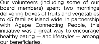 Our volunteers (including some of our board members) spent two mornings delivering boxes of fruits and vegetables to    